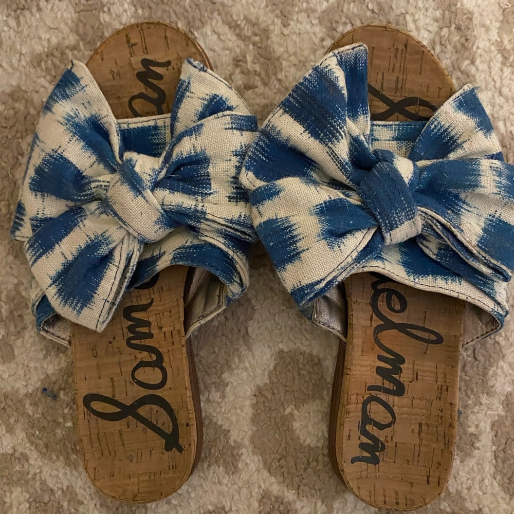 Sam Edelman blue and white linen bow sandals